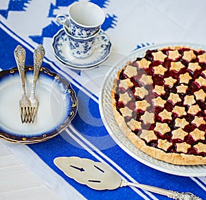 slice of delicious homemade sour cherry pie on plate.