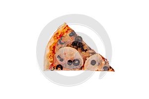 A slice of delicious pizza with ham, mozzarella, mushrooms and olives, isolated on white background, top view