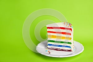 Slice of delicious rainbow cake