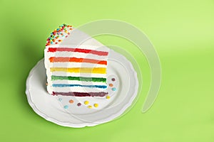 Slice of delicious rainbow cake