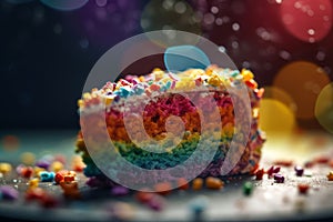 Slice of delicious rainbow cake decorated with white frosting and colourful sprinkles. Generative AI