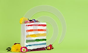 Slice of delicious rainbow cake with flowers