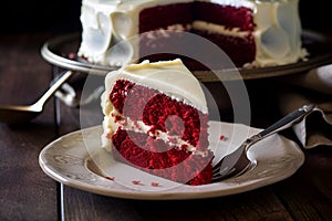 Slice of delicious Red velvet cake on a plate. Generated AI