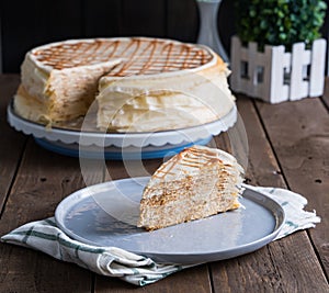 A slice of delicious salted caramel crepe cake