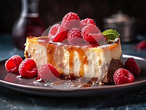 slice of exquisite cheesecake with raspberries and caramel, food photography, created with ai
