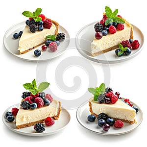 Slice of fresh baked homemade cheesecake set with berries. Isolated on white background