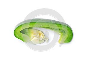 Slice of fresh green bell pepper on white, top view