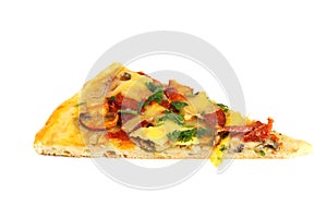 Slice of fresh homemade pizza with sausage, cheese and pickles isolated on white