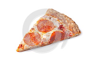 Slice of fresh italian classic original Pepperoni Pizza isolated on white background. Top view