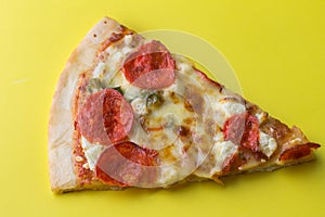 Slice of fresh Italian classic original Pepperoni Pizza isolated on yellow background - photography