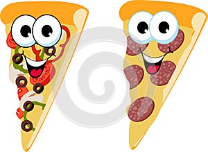 Slice of fresh italian classic original Pepperoni Pizza and mushroom pizza isolated on white background. Funny cartoon character