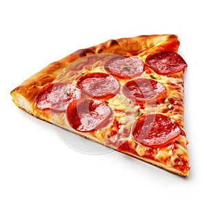 Slice of fresh Italian classic original Pepperoni Pizza on a white background.