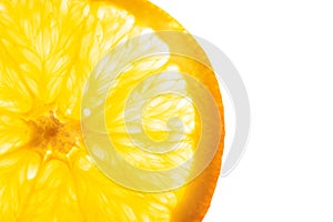 Slice of fresh juicy translucent orange with seeds flesh texture backlit on white background. Top view flat lay. Vibrant color
