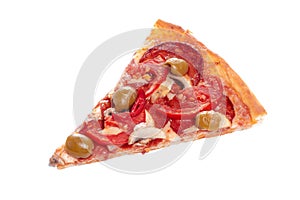 Slice of fresh pizza with pepperoni isolated on white background