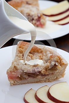 Slice of freshly baked rhubarb crumble