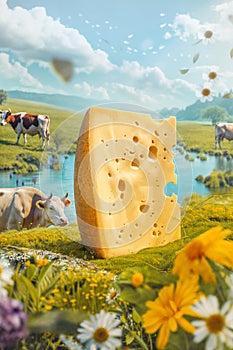 A slice of genuine cheese on a meadow, in the background cows grazing. Advertising image of a dairy product, with space for text