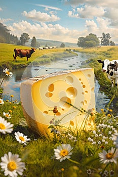 A slice of genuine cheese on a meadow, in the background cows grazing. Advertising image of a dairy product, with space for text