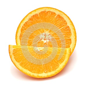Slice and half orange fruit isolated on white background