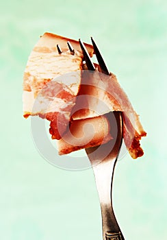 A slice of ham on a steel fork.