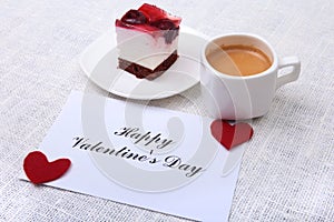 Slice of handmade cherry pie on a plate and classic espresso coffee in white background