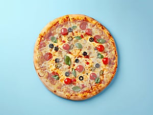 Slice of Heaven: Delicious Pizza on Vibrant Blue Background photo