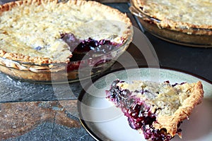 Slice of homemade Blueberry pie served on a plate