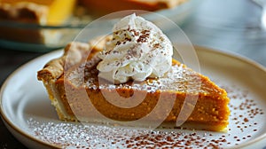 A slice of homemade pumpkin pie topped with a dollop of whipped cream and a sprinkle of cinnamon photo