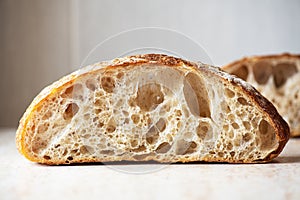 Slice of homemade sourdough bread. Close up