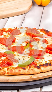 Slice of hot pizza large cheese lunch or dinner crust seafood meat topping sauce. with bell pepper vegetables delicious tasty fast