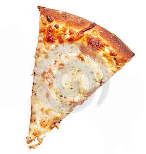 Slice of italian 4 cheese pizza over white isolated background