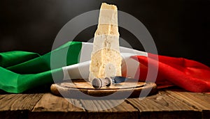 Slice of Italian Parmesan Cheese and Knife on a Wooden Table - Generative Ai