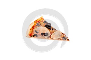 A slice of italian pizza with ham, mozzarella, mushrooms and olives, isolated on white and with clipping path, angle view