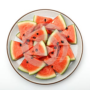 Slice of juicy watermelon on plate.