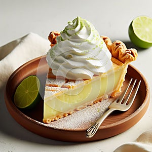 A slice of key lime pie with a dollop of whipped cream on top, photo