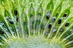 Slice Kiwi fruit with drops of juice on the surface. Macro
