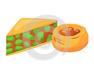 Slice of kiwi pie and baklava with nuts, colorful dessert illustration. Sweet pastry concept with tropical flavor. Food