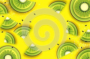 Slice of kiwi.Top view. Kiwi Super Summer in paper cut style. Origami juicy ripe green slices. Healthy food on yellow