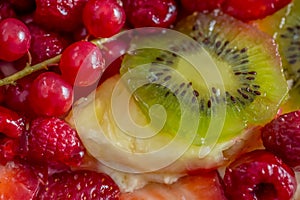 Slice kiwi and a variety of fresh fruits in sweet gelatin. Berries close-up in soft focus. Delicious dessert.