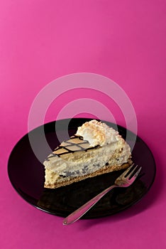 Slice of layer cake with cream and chocolate chips - hot pink background