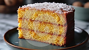 A slice of layered cake with coconut topping