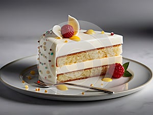 Slice of Layered vanilla cake with whipped cream and fresh berries on white marble background. Beautifully plated dessert
