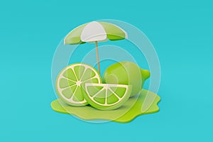 Slice of lemon with beach umbrella, summer fruits, 3d rendering