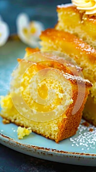 A slice of lemon cake on a blue plate