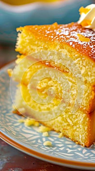 A slice of lemon cake on a blue and white plate