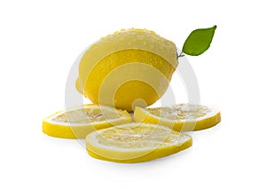 Slice lemon fruit with leaf isolated on white background
