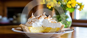 A slice of lemon meringue pie sits on a plate, a delightful dessert