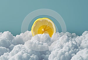 Slice of lemon surrounded by clouds.