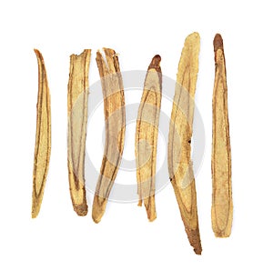 Slice Licorice roots on white background