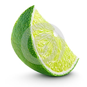Slice of lime citrus fruit isolated on white