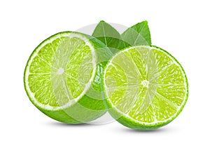 Slice lime with leaf isolated on white